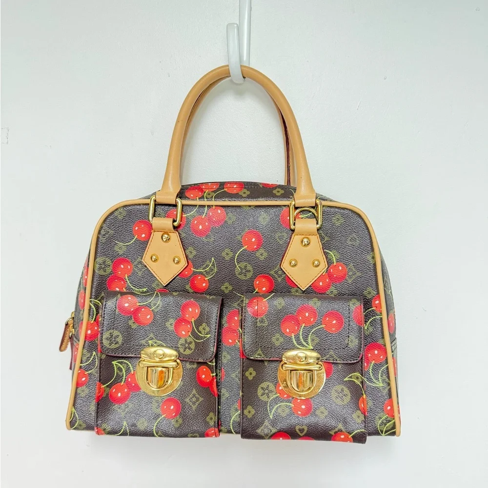 Cherry Print Satchel Handbag - Brown & Red - Picture 3 of 9